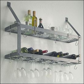 Enlarge Rogar 8301 Wall Mounted Double-Tier Wine Glass & Bottle Rack - Hammered Steel